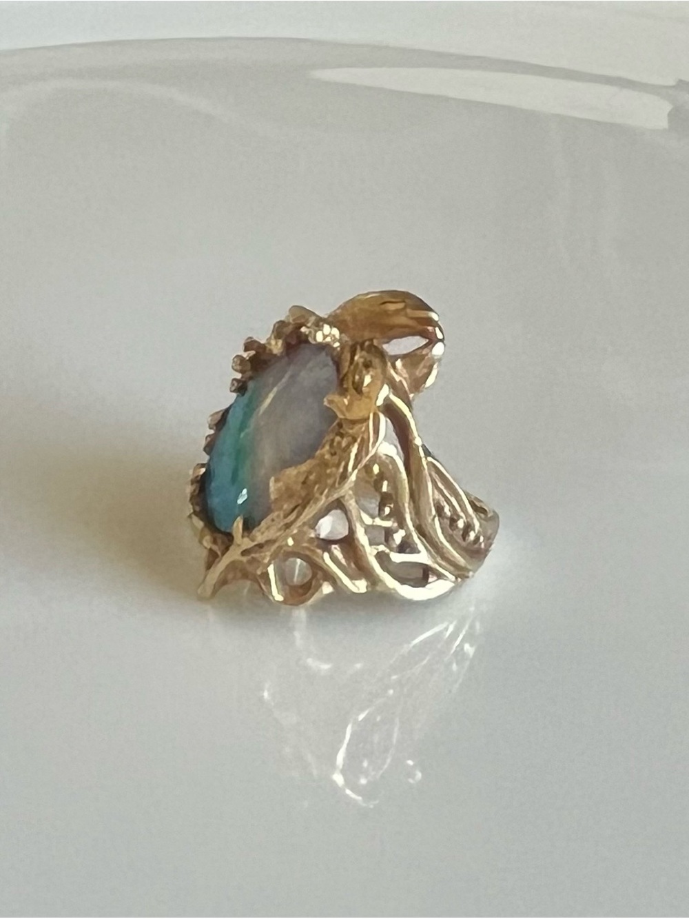 14k Gold Opal Doublet Fish Ring - Picture 2 of 14